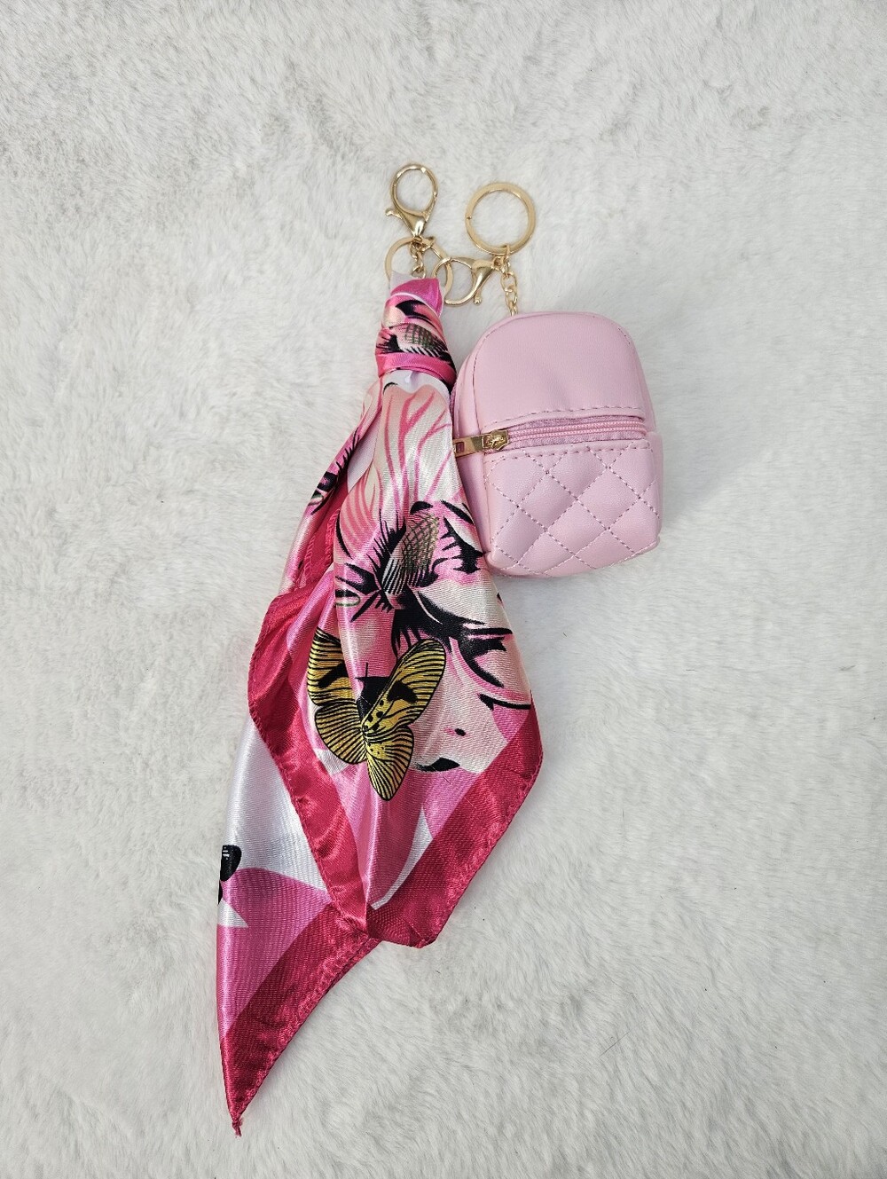 Pink Quilted Mini Pouch Keychain with Floral Butterfly Scarf